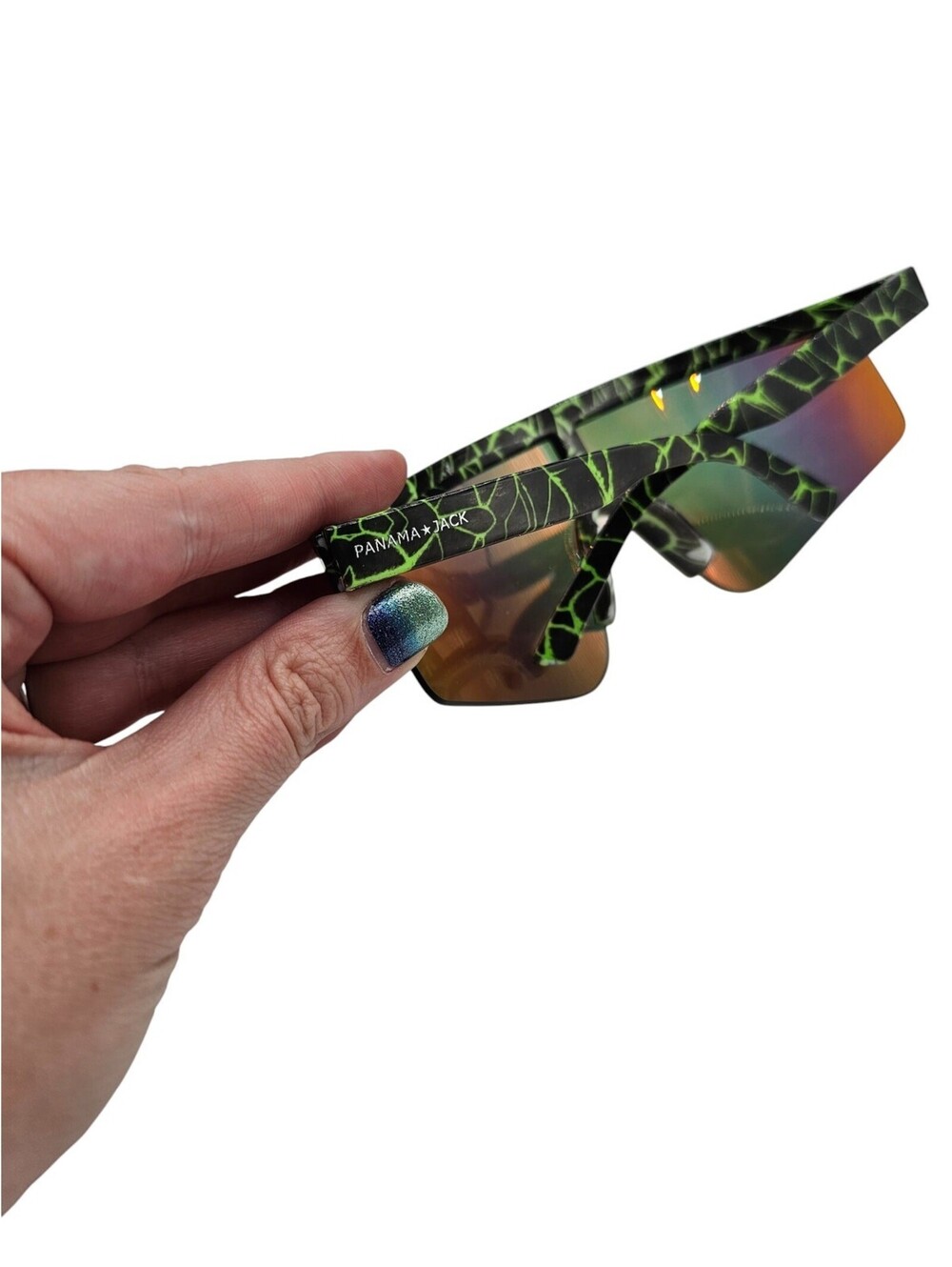 Panama Jack Retro Surf Shield Sunglasses Neon Green Black Print - Picture 5 of 5